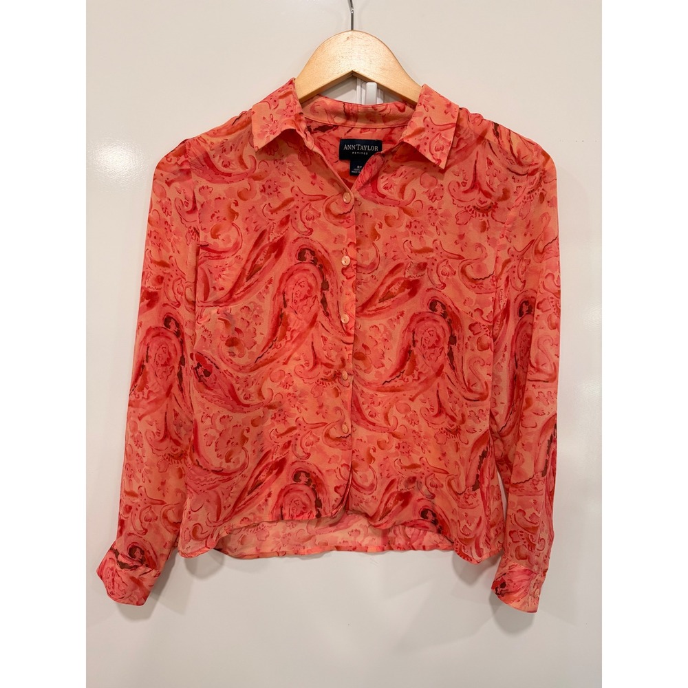 Ann Taylor Petites 100% Silk Paisley Button Down Blouse Coral Orange 8P vintage